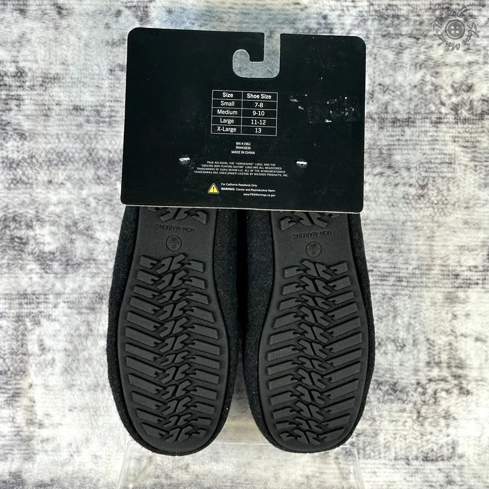 NWT True Religion Slippers House Shoes Black & White Brown Lining Mens Small 7-8